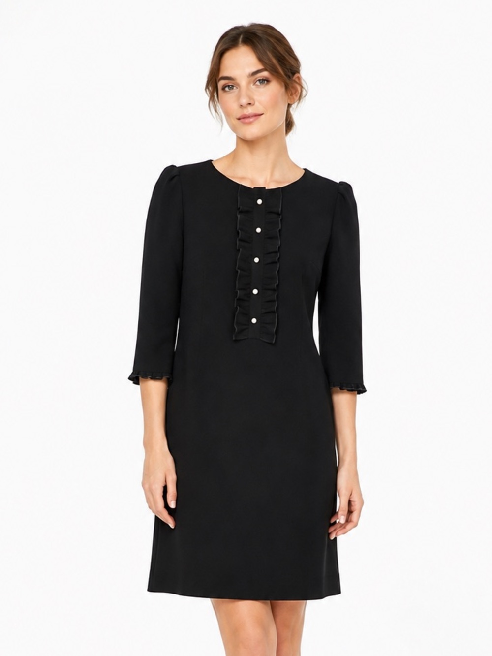 Karl Lagerfeld Paris Black Ruffle Pearl Button Shift Dress